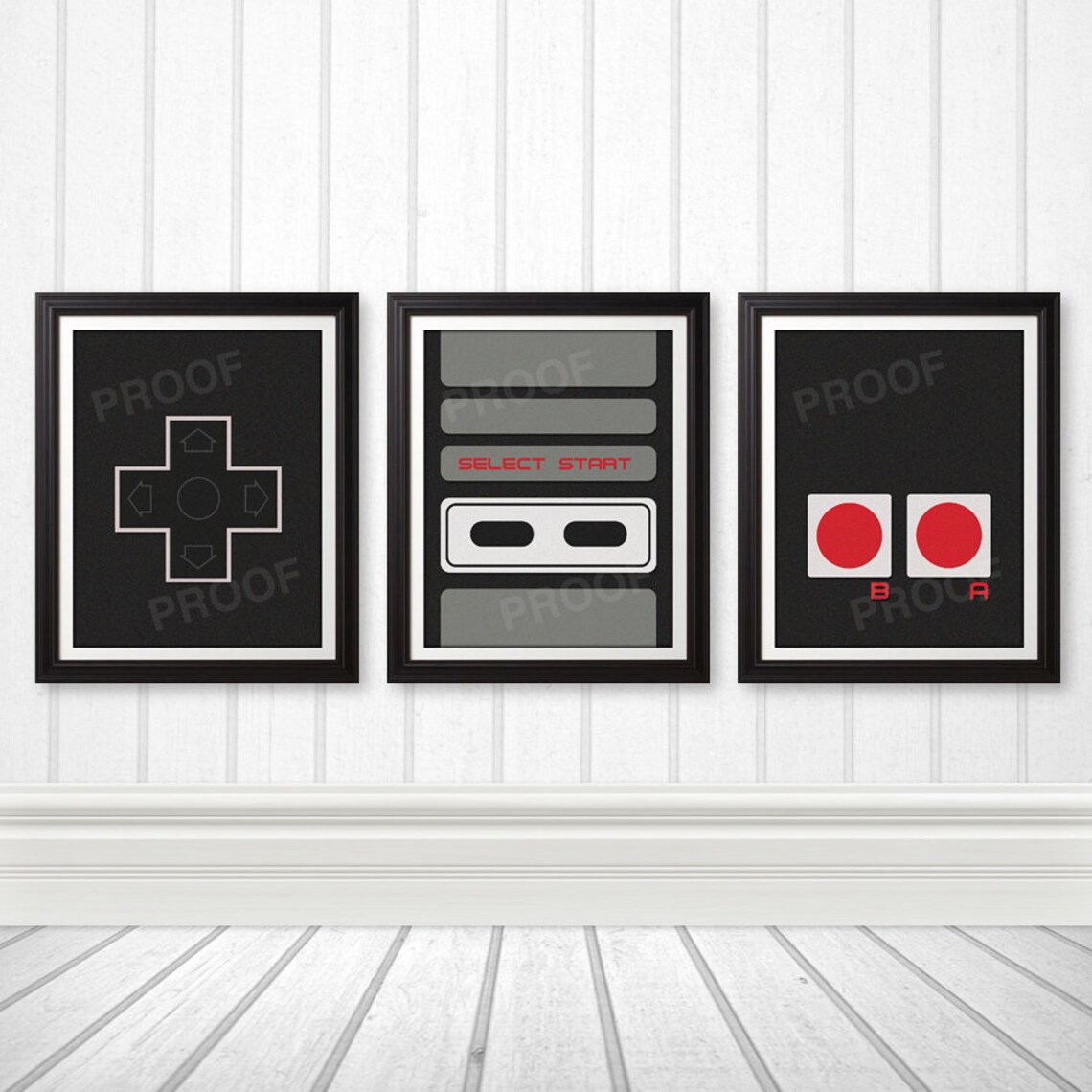 Three framed prints forming a minimalist NES controller design