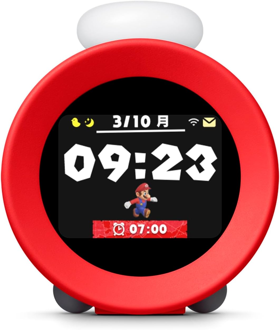 Nintendo Alarmo alarm clock with red circular frame and digital display featuring a Mario graphic