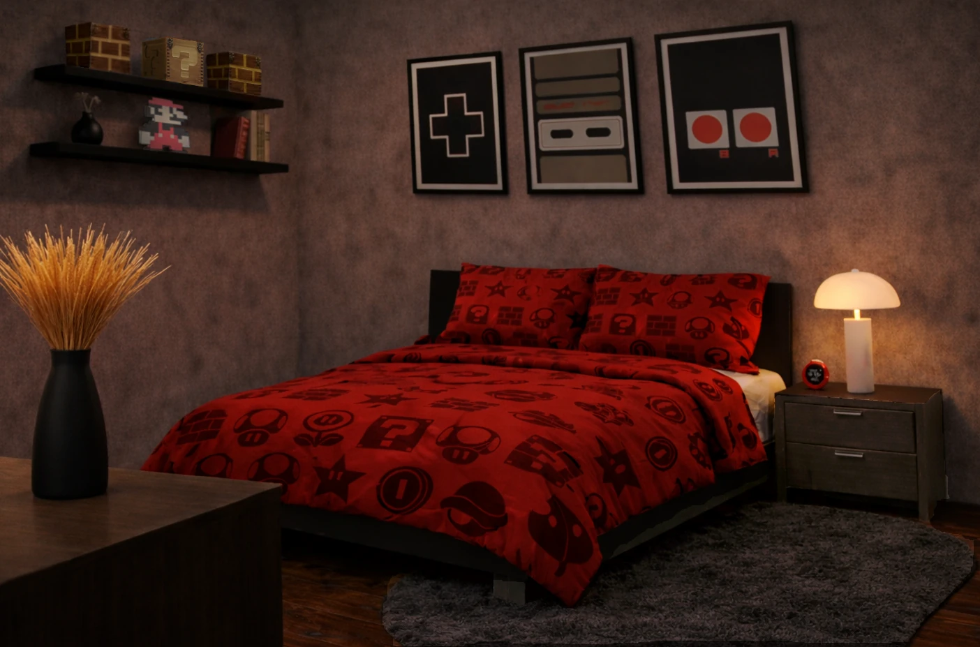 Subtle Super Mario themed bedroom with red Mario icon bedding, pixel Mario shelf decor, and retro Nintendo controller wall art.