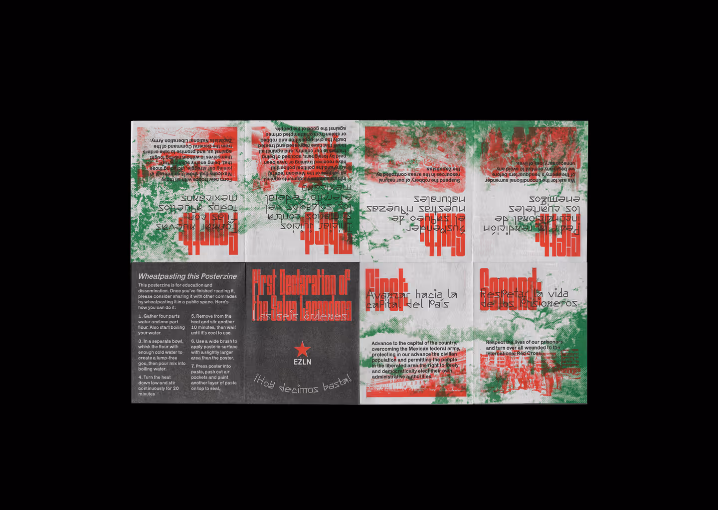 Unfolded posterzine with cover, spreads, and back facing front