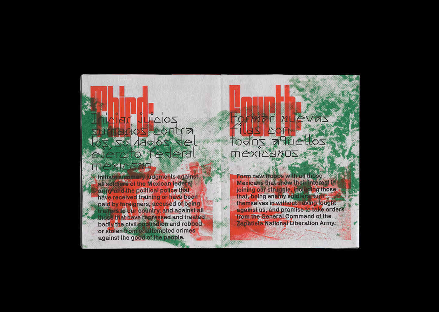 Zine spread with text: Third - Initiate summary judgements against all soldiers of the Mexican federal army - Fourth - Form new troops with all Mexicans that show interest in our struggle 