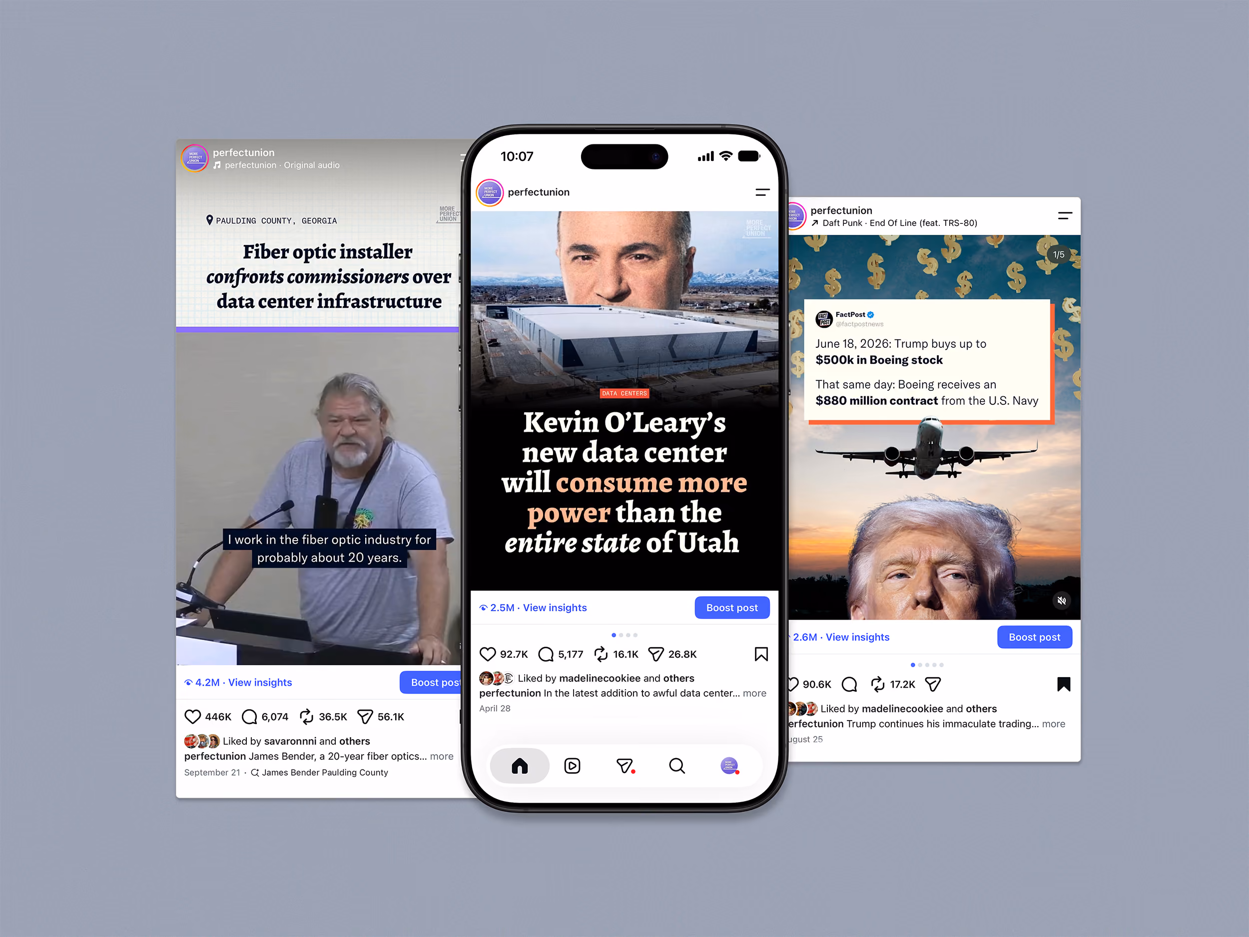 iPhone mockup with Instagram post on screen, one Reel card on the left and post card on the right of mockup on light bluish grey background