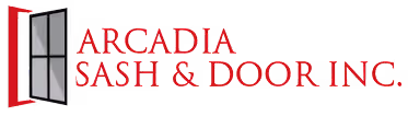 Logo featuring a stylized open window frame next to the red text 'ARCADIA SASH & DOOR INC.'