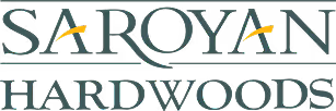 Saroyan Hardwoods company logo with stylized lettering and curved orange and blue accents.