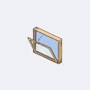 Isometric illustration of a wooden window frame with an open glass pane.
