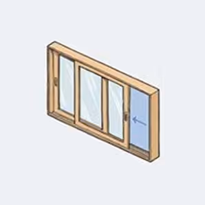Illustration of a wooden-framed sliding window with four glass panels, the rightmost panel is shown sliding open.