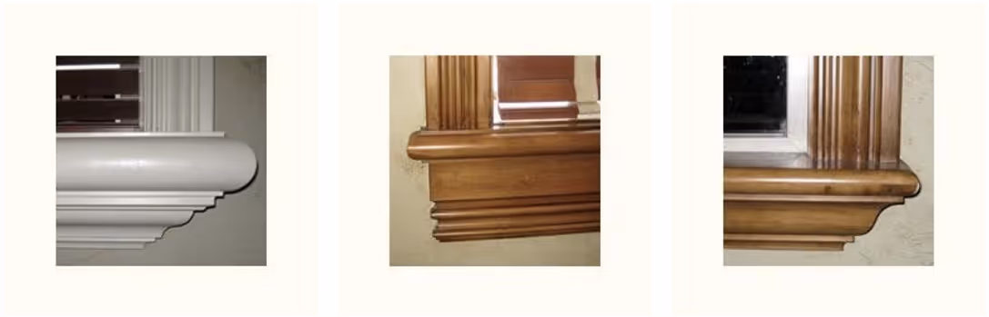 Three close-up images showing different styles of window trim and molding, two in natural wood finish and one painted white.
