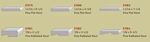 Diagram showing six different pine stool edge profiles with dimensions labeled: E979 (11/16 x 5-1/2), E980 (11/16 x 4-3/4), E985 (11/16 x 7-1/4) as Pine Flat Stools and E981 (7/8 x 2-1/2), E982 (7/8 x 3-1/2), E984 (7/8 x 5-1/2) as Pine Rabbeted Stools.