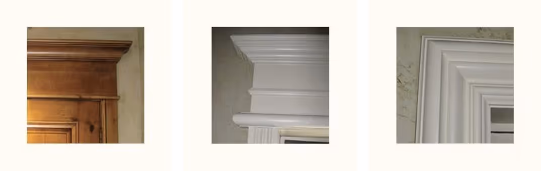 Three close-up images showing decorative crown molding designs in wood finish on the left and white finish in the center and right panels.