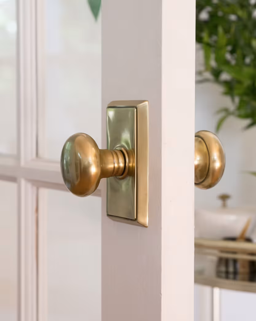Close-up of a shiny brass door knob and rectangular backplate on a white door with a window panel.