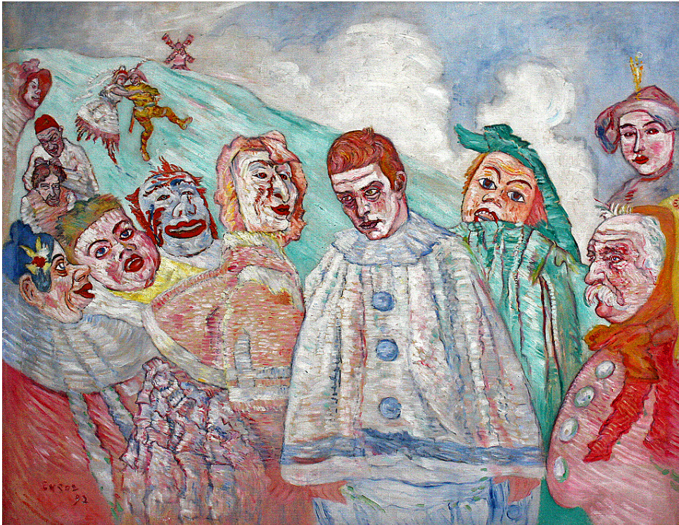Expressionist painting of a group of colorful, stylized characters dressed as clowns and jesters with exaggerated facial features, arranged in a semi-circle against a cloudy sky background, evoking a surreal, theatrical scene.