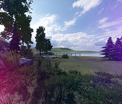 Landscape with green grass, shrubs, tall trees, a calm body of water, and a partly cloudy sky.