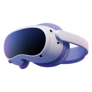 Modern virtual reality headset with white and purple design and large tinted visor.
