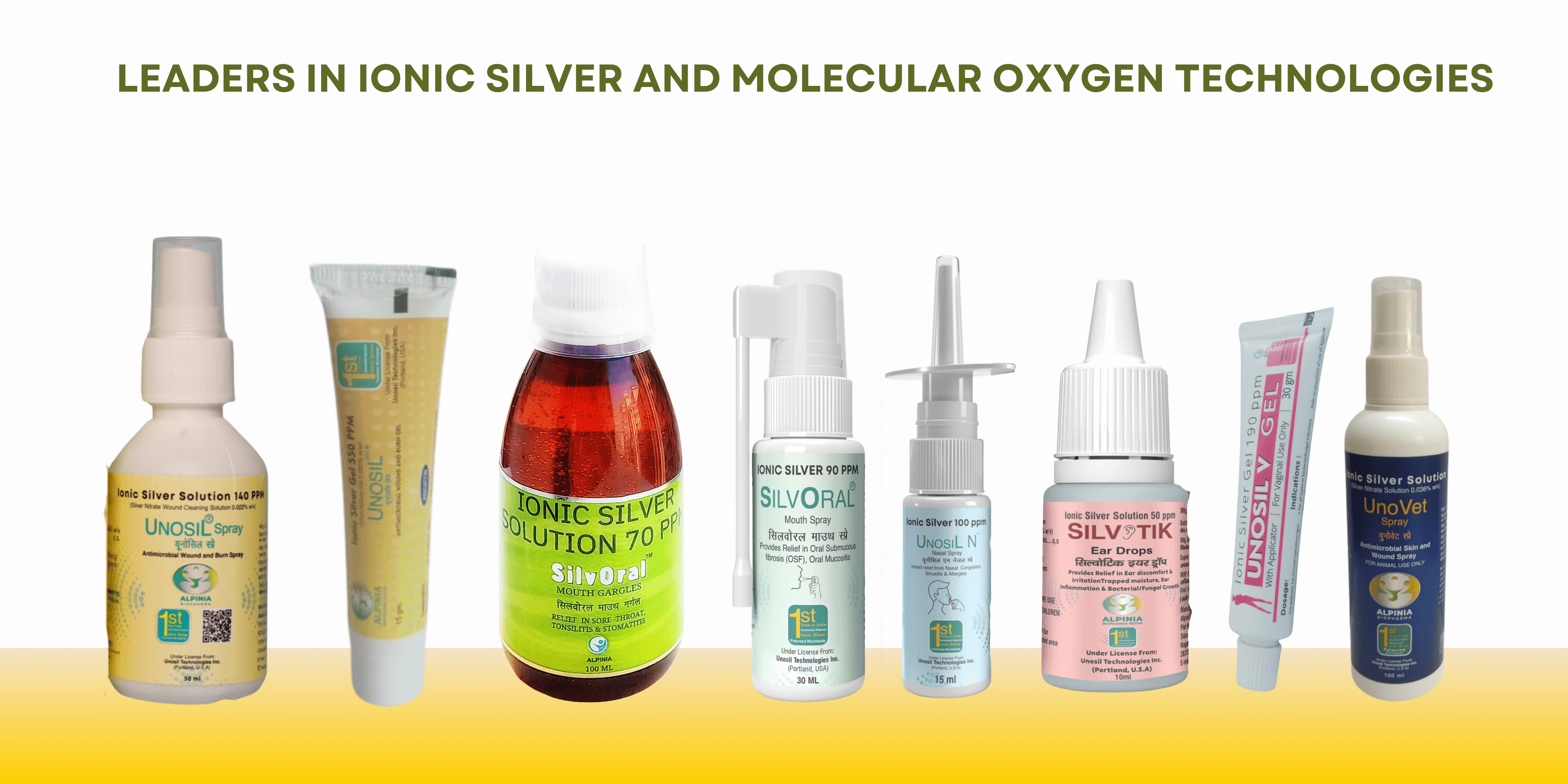 Lineup of seven various medicinal spray and drop bottles, including SILVORAL mouth spray and Unosil nasal sprays, with aloe and mint leaves beside some bottles.