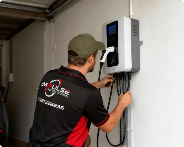 Electrician installing a wall-mounted EV charger in a home garage