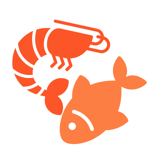 Orange shrimp and fish icons representing seafood or feeding.
