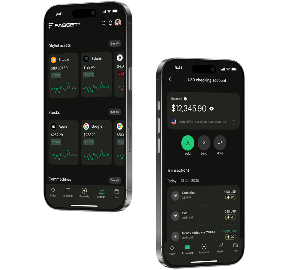 Two smartphones displaying a financial app; left screen shows cryptocurrency, stock, and commodity prices with small charts, right screen shows a USD checking account balance and recent transactions.