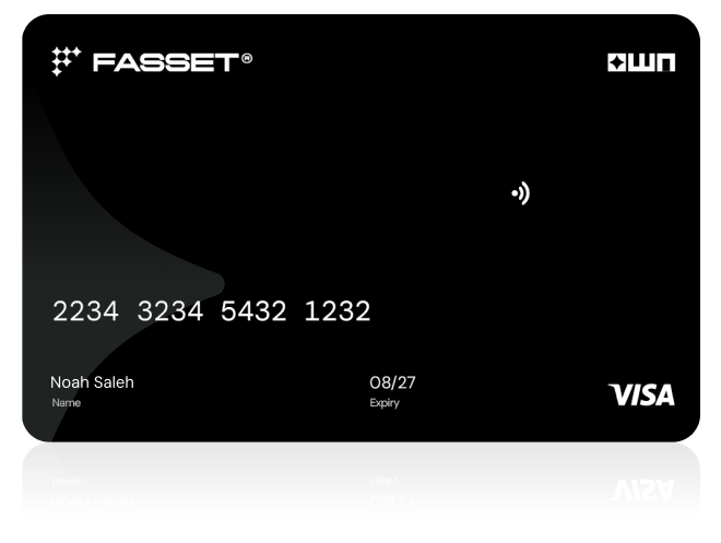 Black credit card with FASSET and OWN logos, card number, name Noah Saleh, expiry date 08/27, and Visa logo.