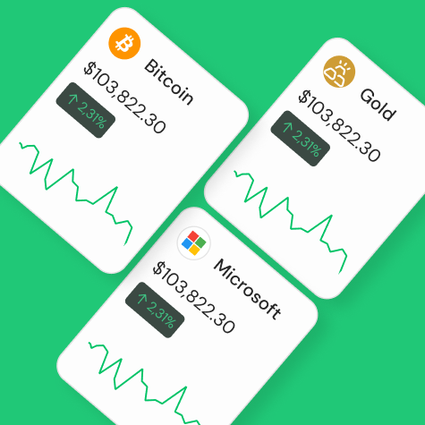 Three financial cards on green background showing Bitcoin, Gold, and Microsoft with the value $103,822.30 and a 2.31% increase alongside line charts.