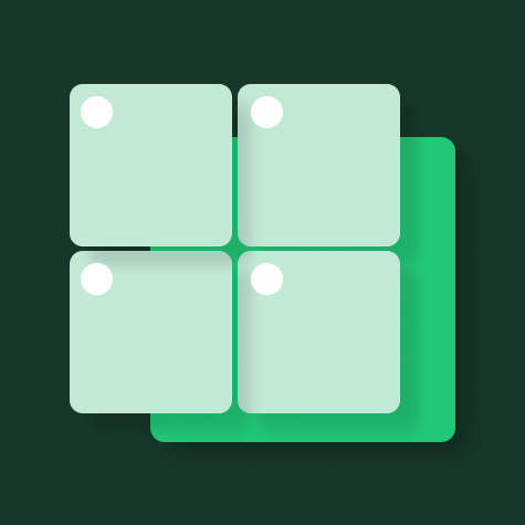 Four light green rounded squares arranged in a 2x2 grid with white circles in the top left corner of each square, over a larger green rounded rectangle on a dark background.