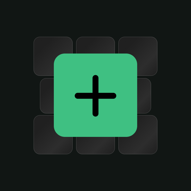 Green square button with a black plus sign centered over a 3x3 grid of dark rounded squares on a black background.