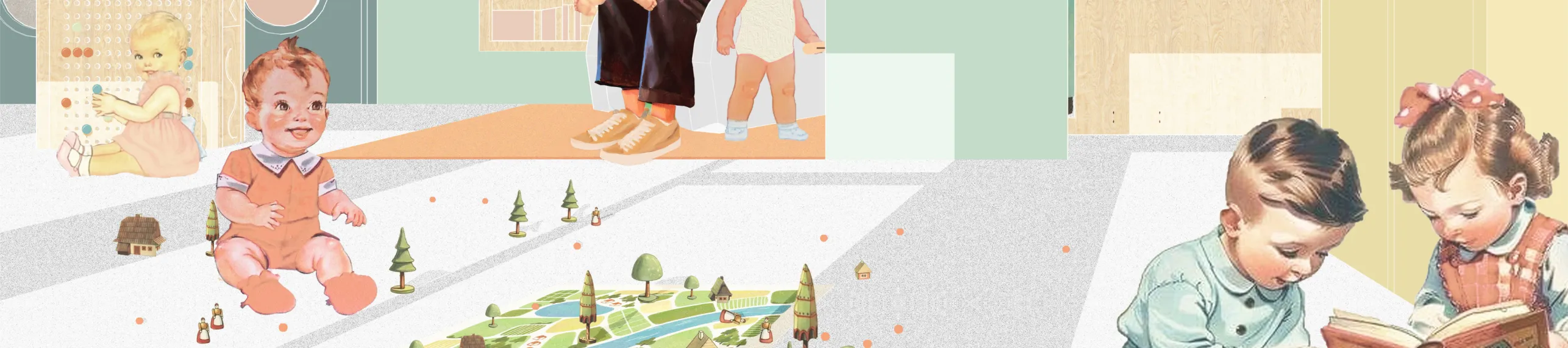 Illustration vintage de bébés jouant dans une pièce claire avec un tapis représentant un paysage avec arbres et maisons miniatures.
