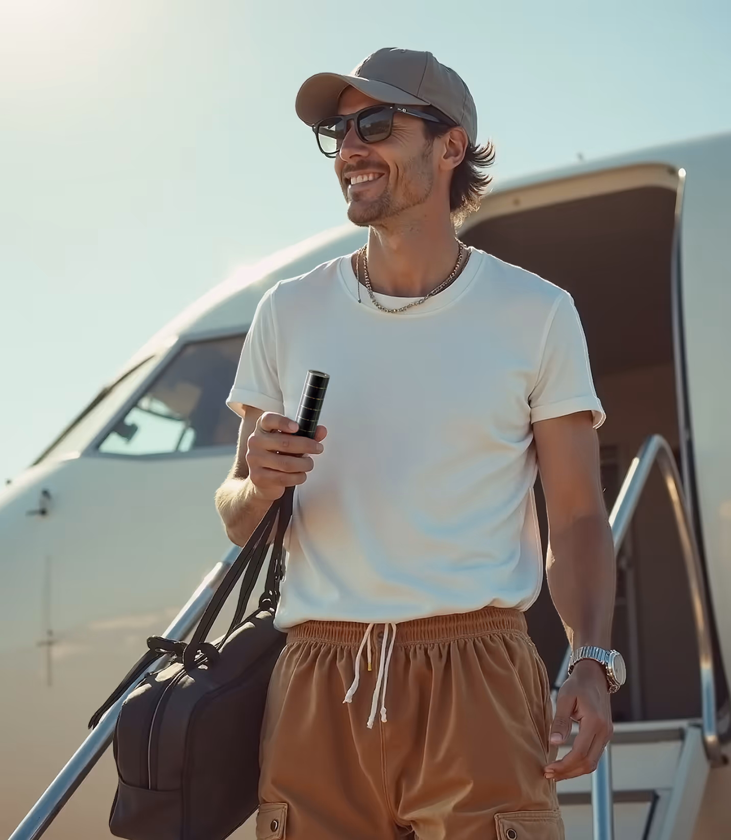 Mann hält AMIA beim Aussteigen aus Flugzeug