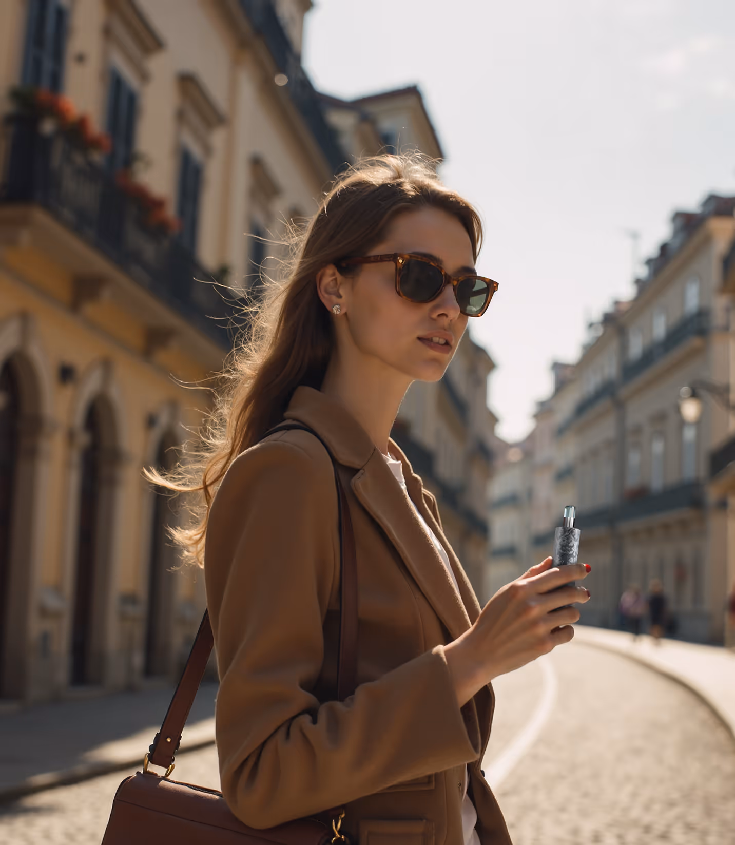 Frau mit AMIA auf der Straße in der Sonne