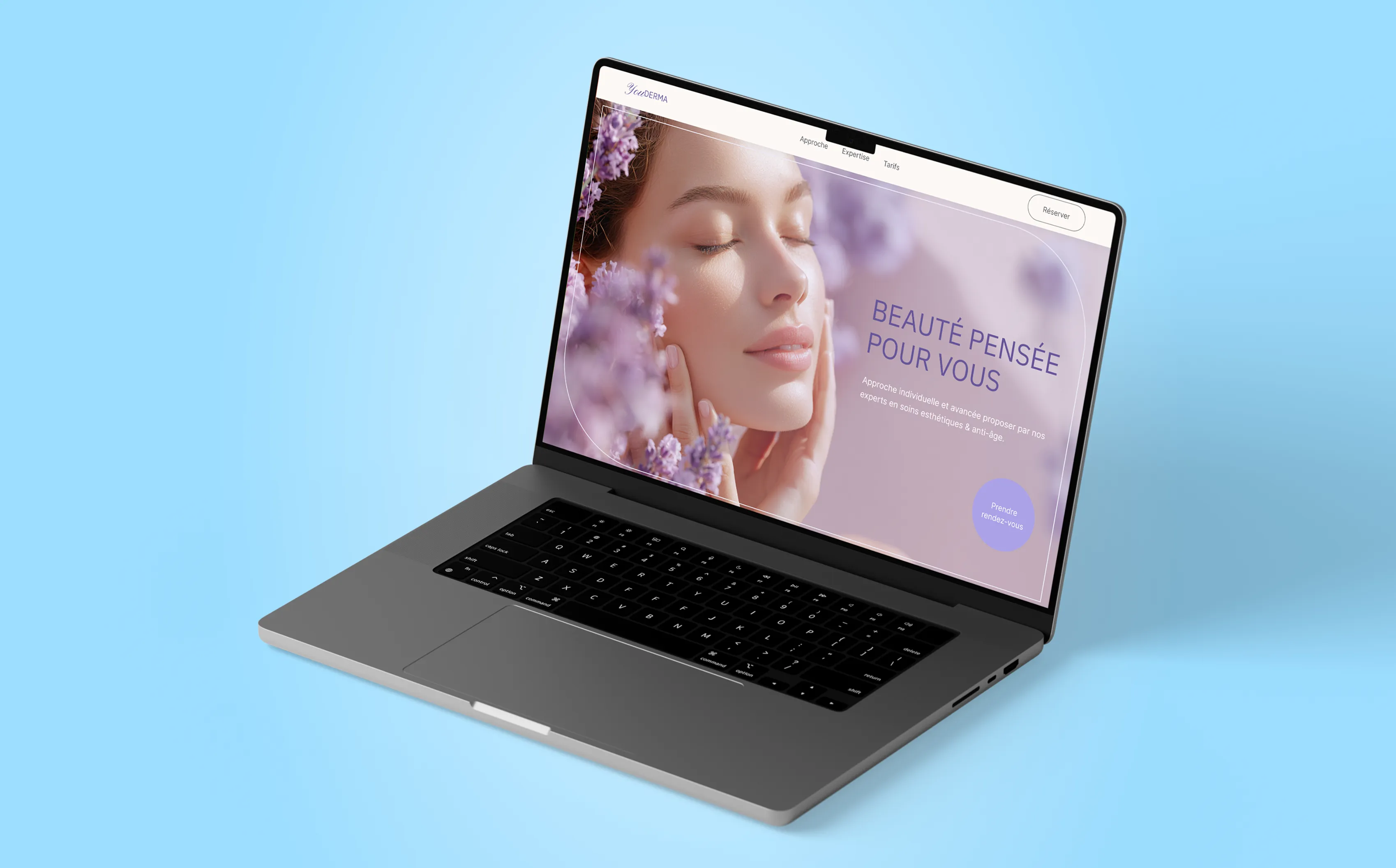 Open laptop displaying a skincare website with a woman's face and lavender flowers alongside French text about personalized beauty care.