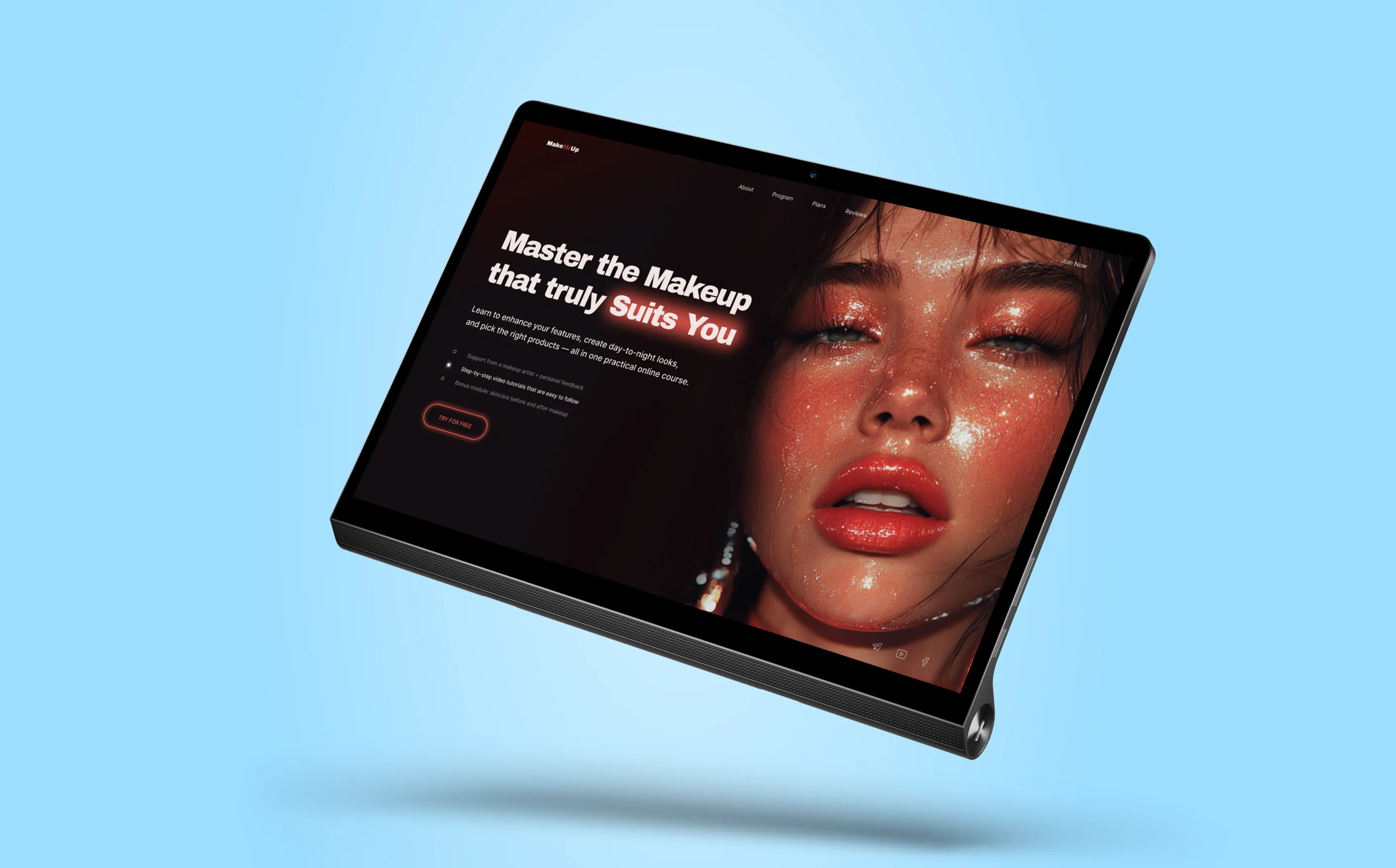 Tablet displaying a makeup course website with a close-up image of a woman's face with glossy, shimmering makeup.