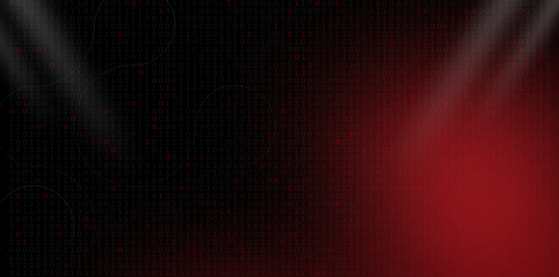 Dark digital background with black and red binary code ones and zeros fading into a red haze on the right side.