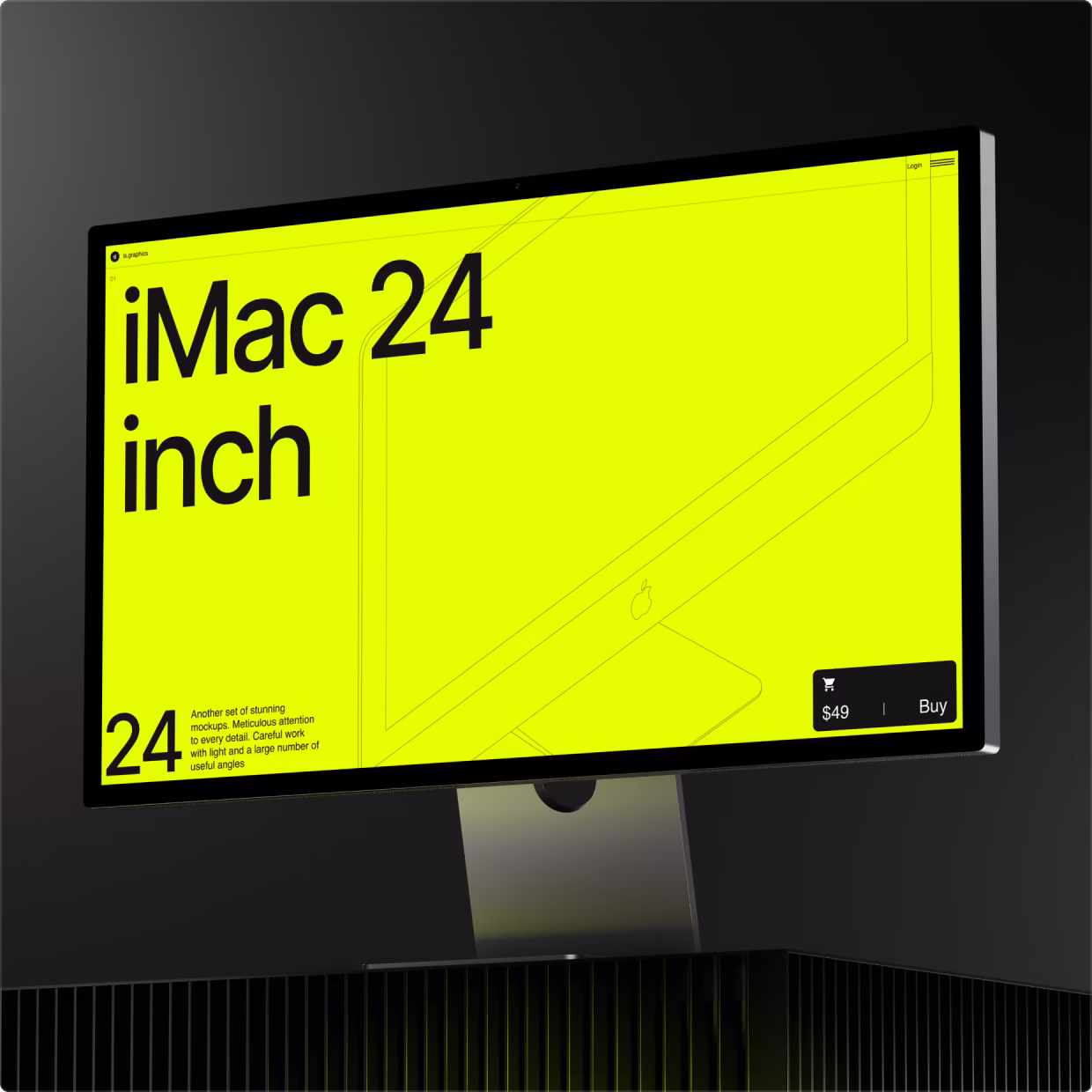 24-inch iMac screen with bright yellow display showing purchase option for $49.