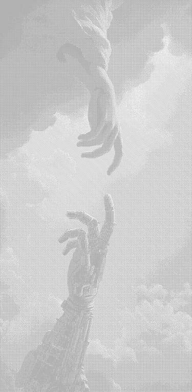Black and white image showing a robotic hand reaching upwards toward a human hand descending from above against a cloudy sky background.