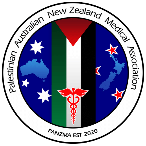 Palestinian Australian New Zealand Medical Association logo featuring a circular design with Australian and New Zealand maps, a Palestinian flag center, and medical caduceus symbol.