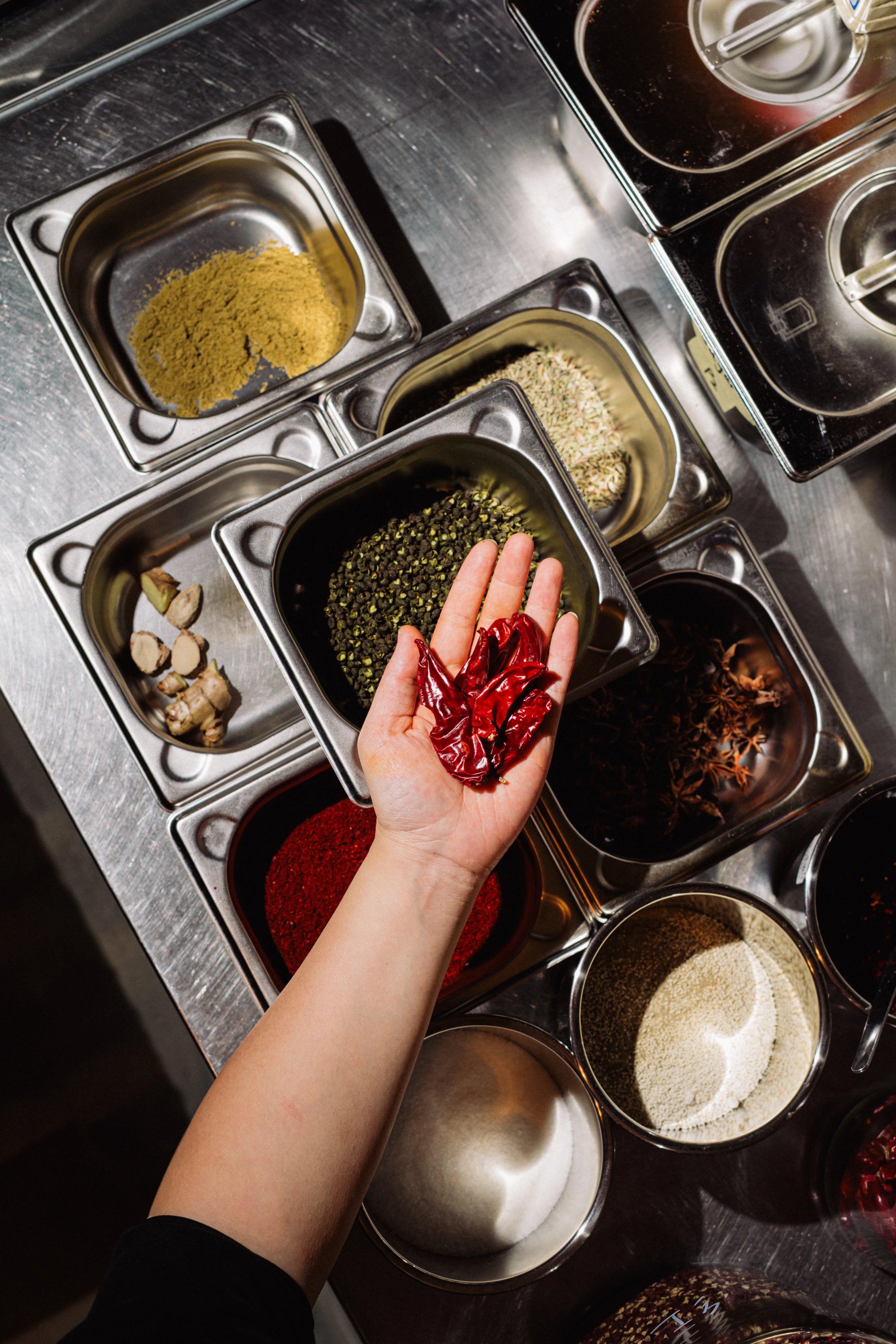Hand holding several dried red chili peppers above containers filled with various spices on a metal surface.
