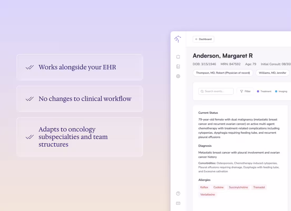 Knowtex.ai - Medical software interface showing patient details, diagnosis, comorbidities, and allergies alongside features highlighting EHR integration, unchanged clinical workflow, and oncology subspecialty adaptation.