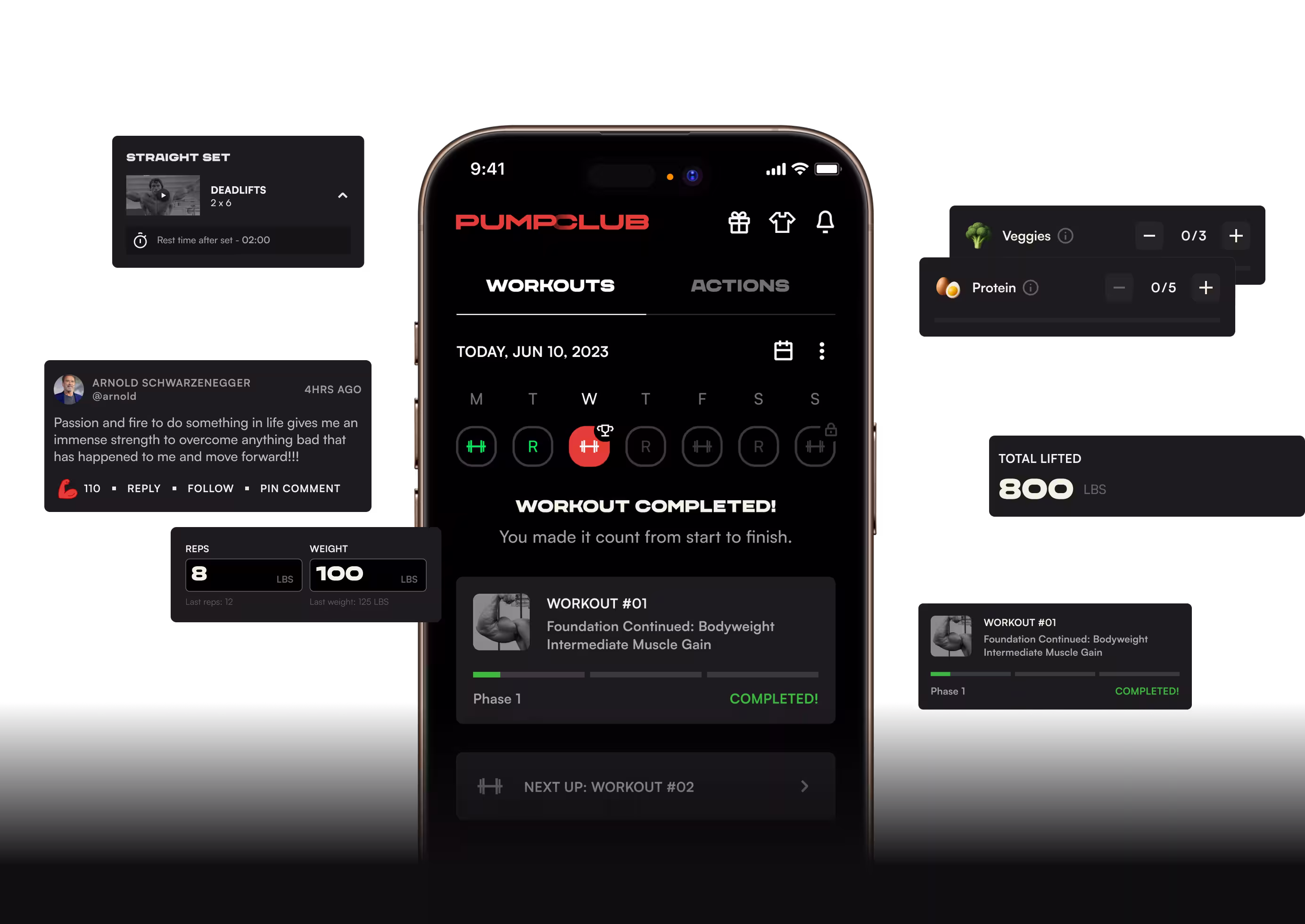 The Pump app showing completed workout details, a motivational comment from Arnold Schwarzenegger, reps and weight information, veggie and protein intake counters, and total lifted weight of 800 lbs.