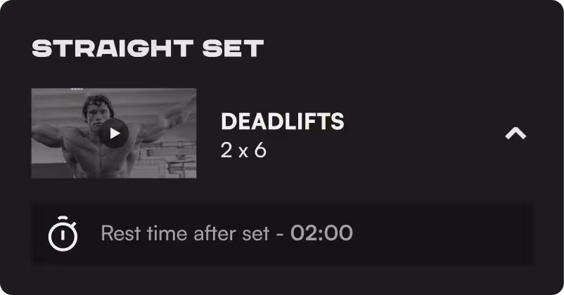 Pump Club App screenshot - Workout screen titled Straight Set showing Deadlifts exercise with 2 sets of 6 reps and rest time after set of 2 minutes.