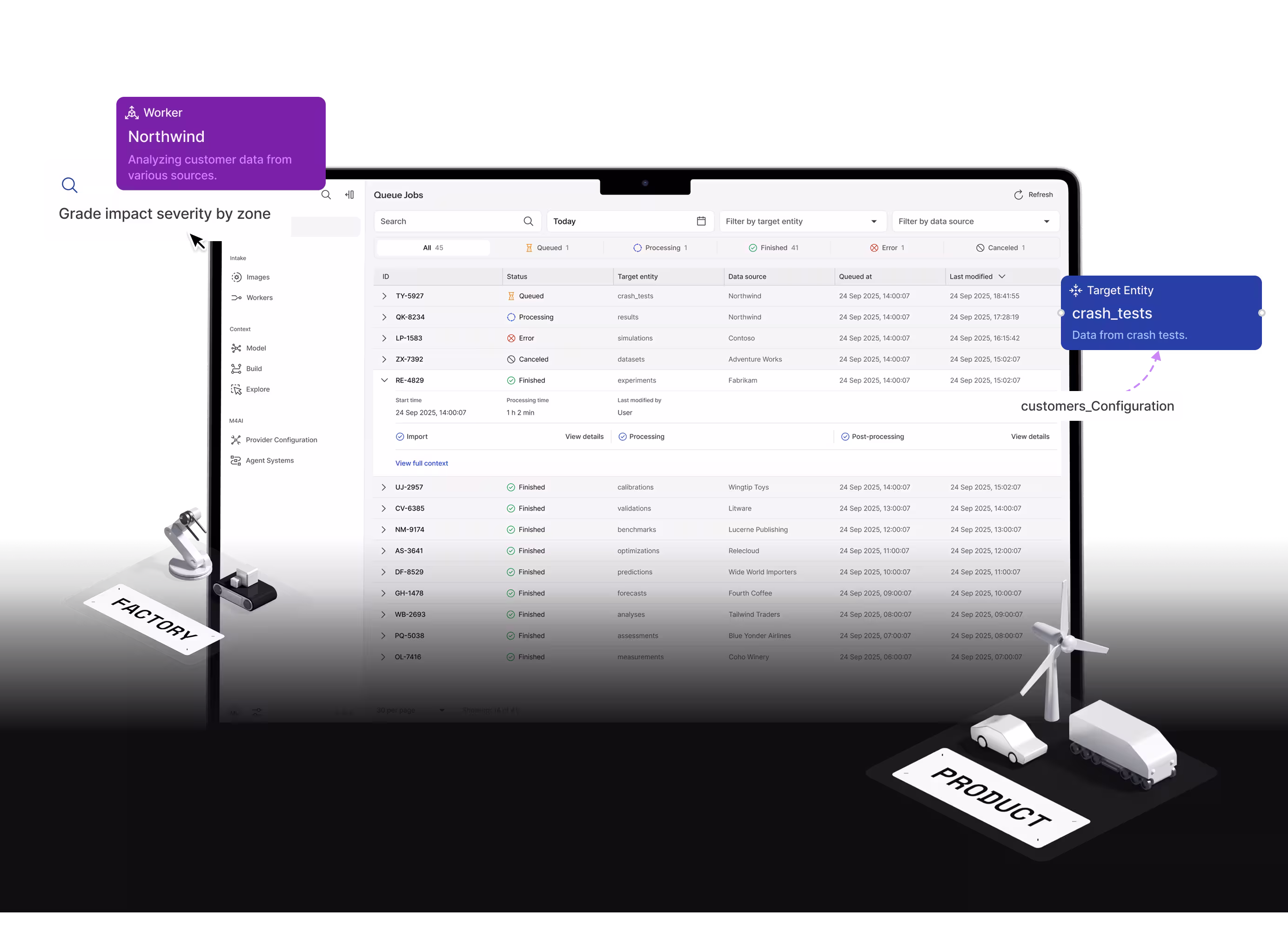 Context64 queue jobs dashboard analyzing crash-test data from factory and product sources with Worker Northwind agent.