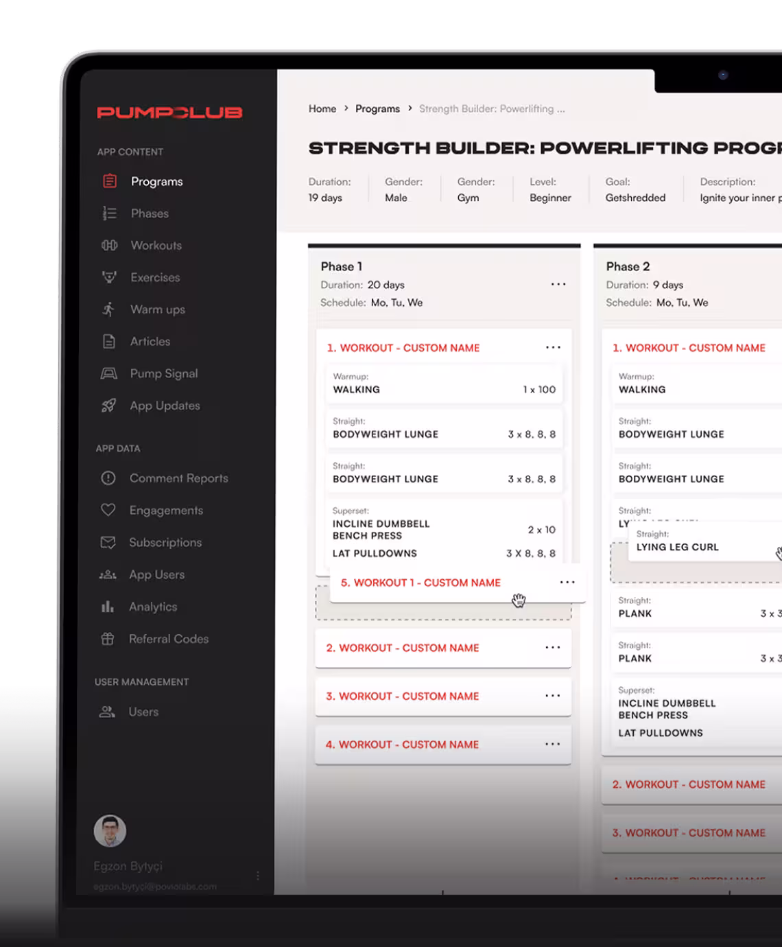 Pump Club admin dashboard showing the Powerlifting Program builder with phase and workout cards.