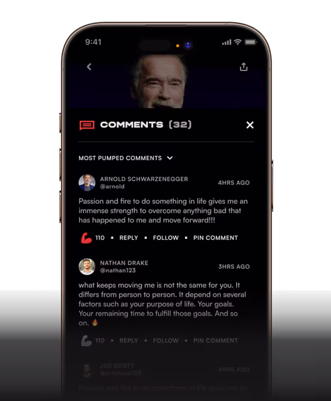 Pump Club comments panel with Arnold Schwarzenegger's pinned comment on a speech video post.