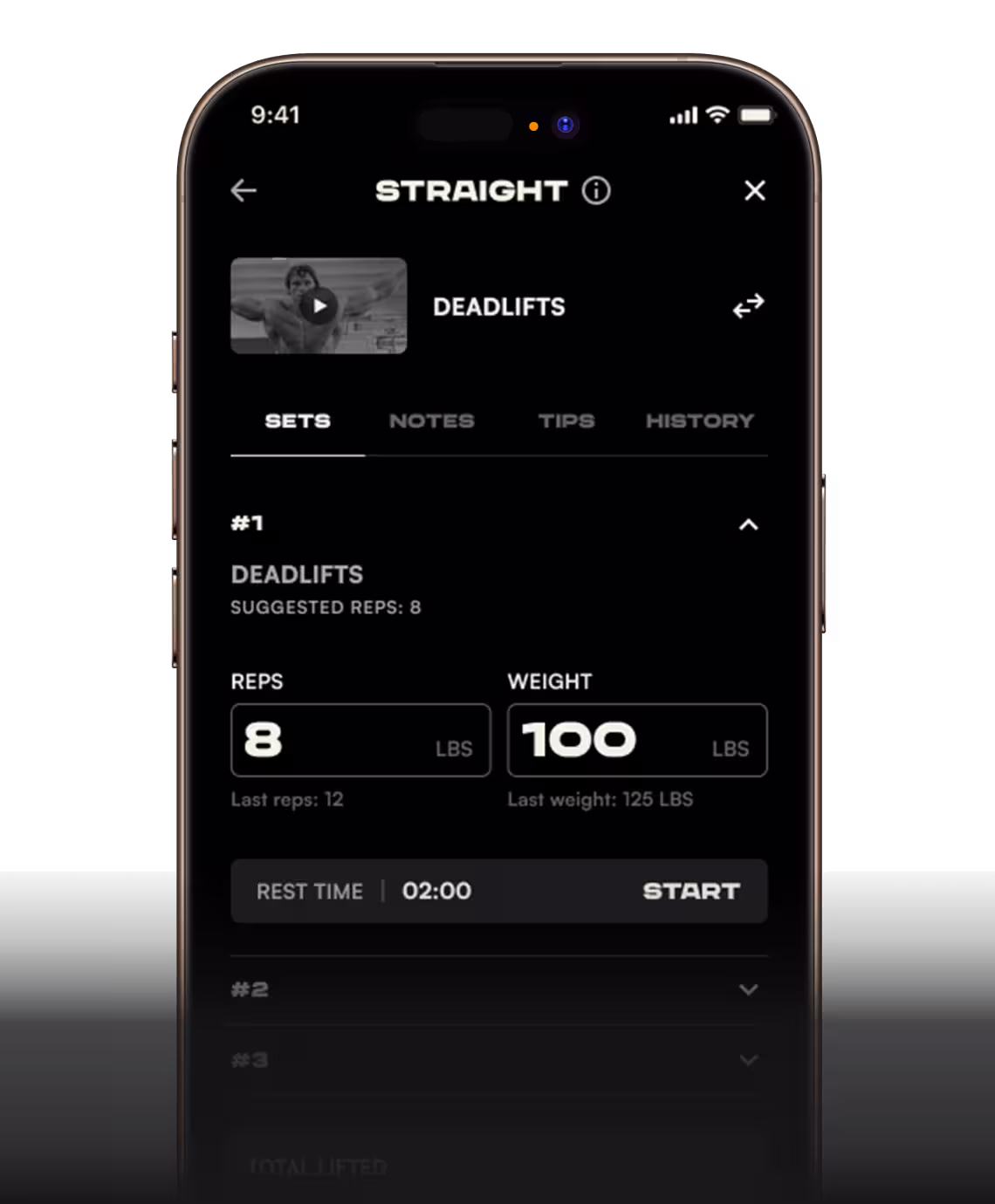 Pump app on iPhone showing a Straight-set deadlift screen with eight reps at 100 lbs.