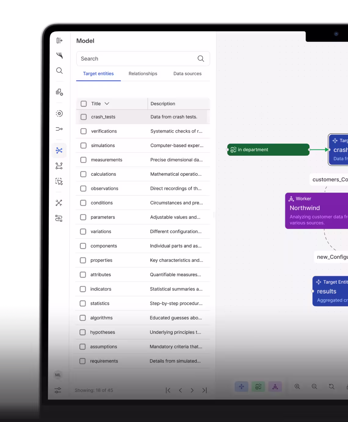 Data Context Hub canvas showing helper, assistant, and collaborator agents connected to crash_tests and specs.