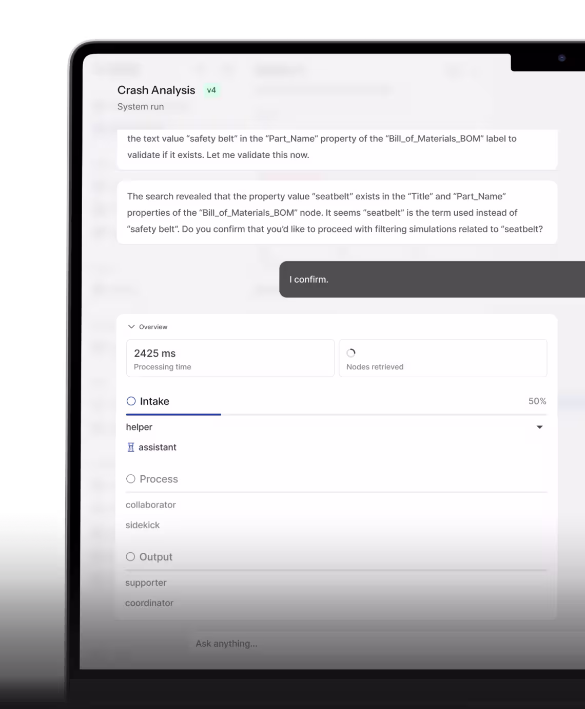 M4AI Crash Analysis mobile interface showing an agent validating the 'seatbelt' property in a Bill of Materials node.