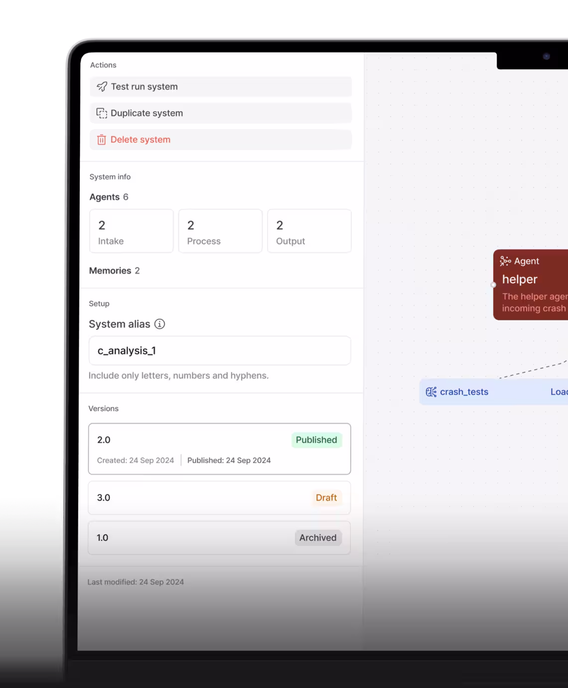 M4AI Crash Analysis model view with target entities list and a crash_tests node connected to a Northwind worker.