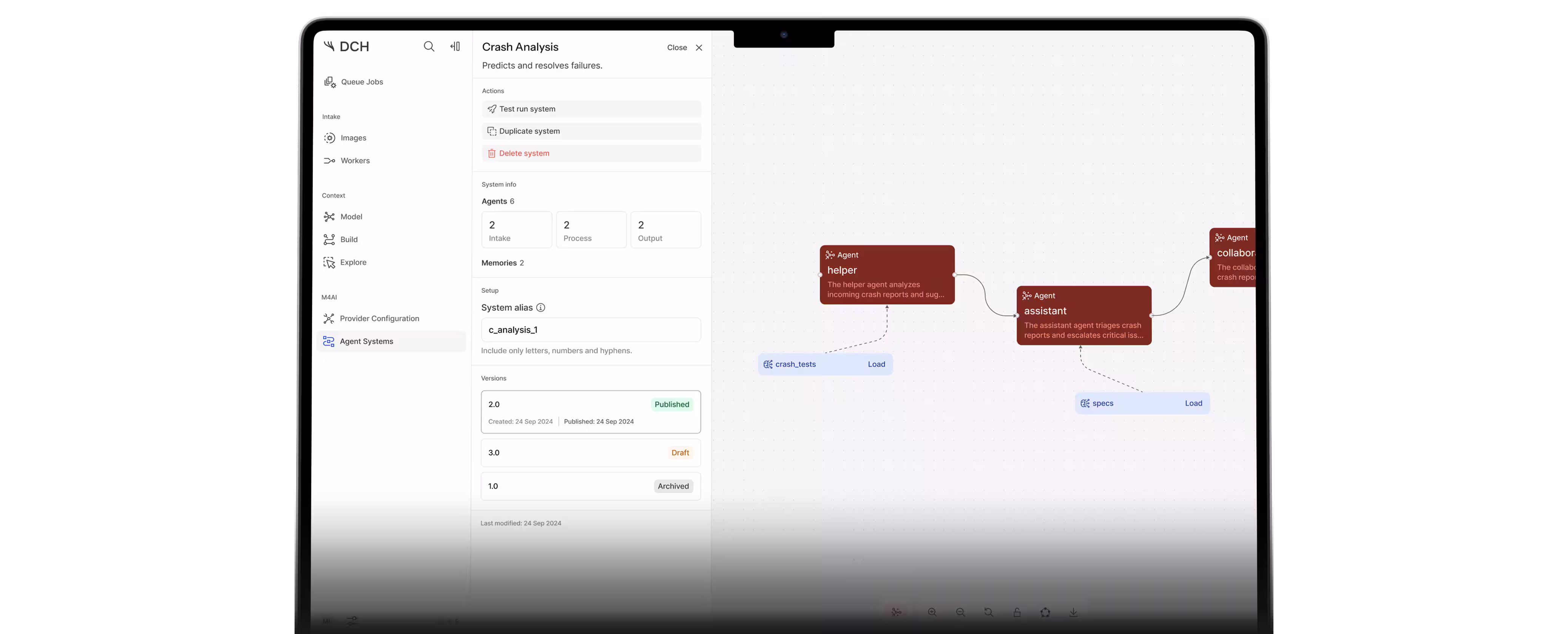 M4AI Crash Analysis model list with target entities such as crash_tests, simulations, measurements, and calculations.