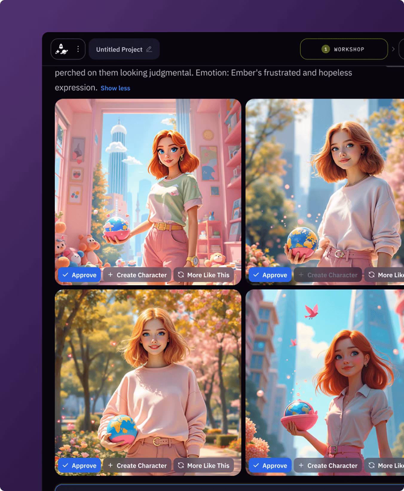 Four digital illustrations of a young woman with red hair, each holding a globe and standing in different urban or park settings with soft lighting.