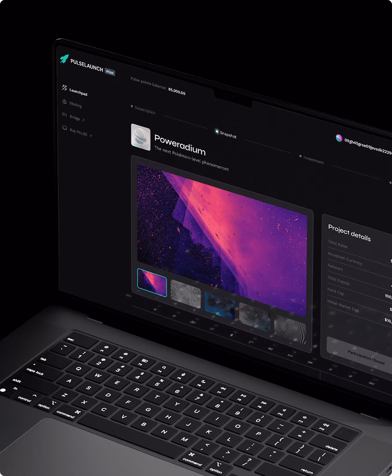Laptop displaying PulseLaunch dApp interface featuring Poweradium project with colorful abstract image and project details.