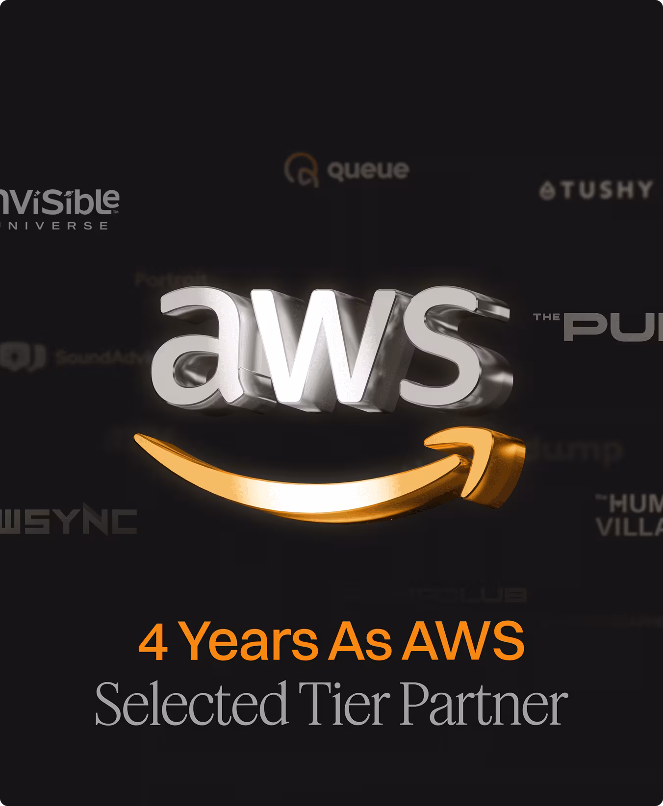 AWS logo above the text '4 Years As AWS Selected Tier Partner' on a dark background.