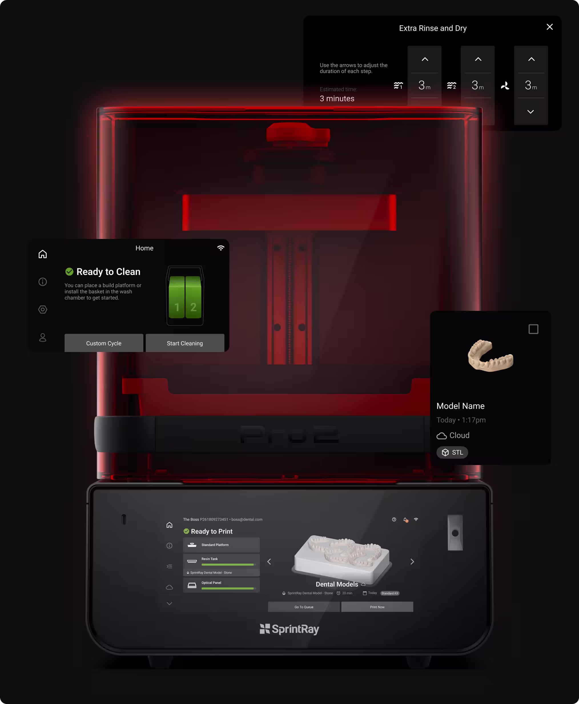 SprintRay 3D printer with user interface showing 'Ready to Clean' status and options to start cleaning or custom cycle, alongside a digital dental model preview and settings for extra rinse and dry duration adjustment.